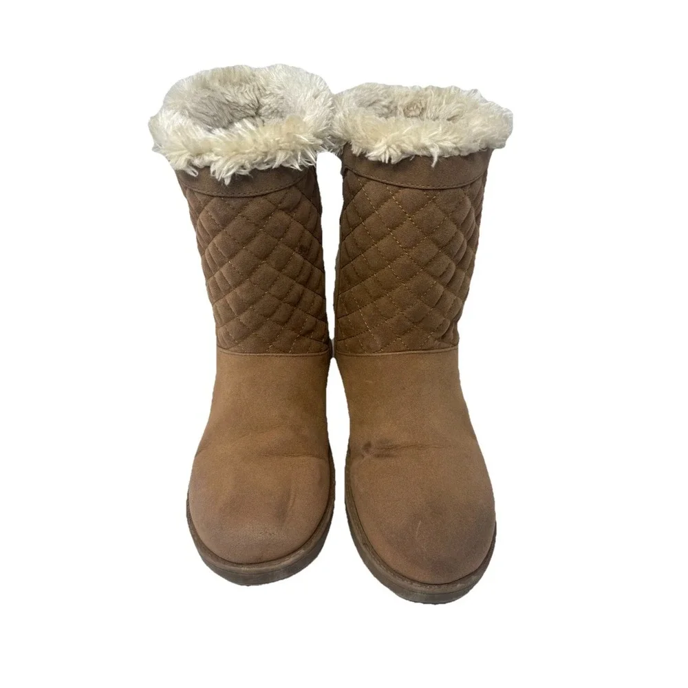 🔥Guess‎ 🤎Quilted Knit Fur Y2k Cuff Mid-Calf Bling 💎Boots Buckle  'G' Charm -8